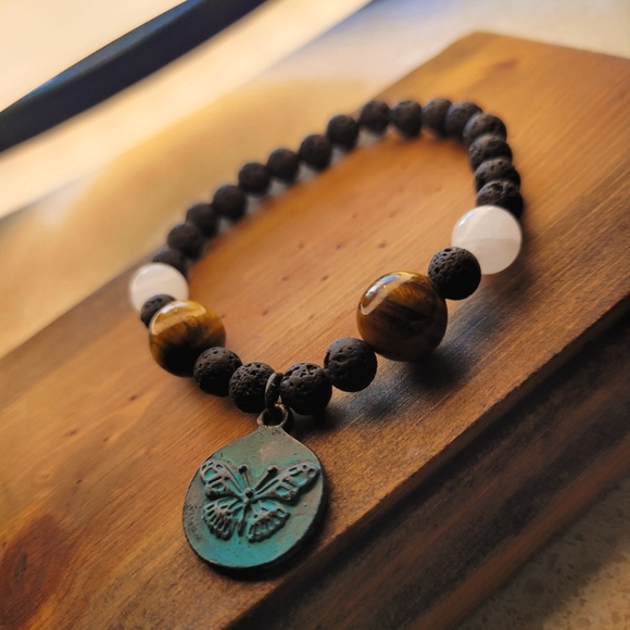 Jewelry - 🖤3/$50 Rose Quartz and Tiger's Eye Stone Lava Bead Butterfly Bracelet